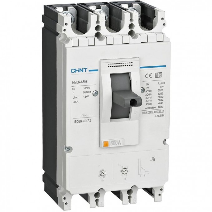 Автоматический выключатель CHINT NM8N-630Q TM 3P 500А 70кА с рег. термомаг. расцепителем (R) в составе с DOB23F-M8 и DOSD2 269267K1