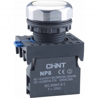 Кнопка управления CHINT NP8-02BND/1 подствет., самовозв., белый, AC110-230В(LED), 2НЗ, IP65 (R)