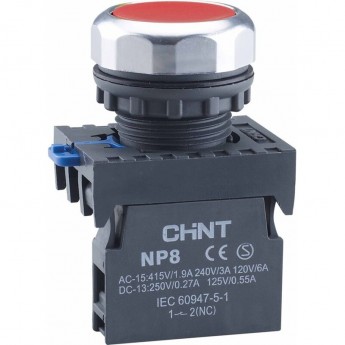Кнопка управления CHINT NP8-02BND/4 подствет., самовозв., красный, AC110-230В(LED), 2НЗ, IP65 (R)