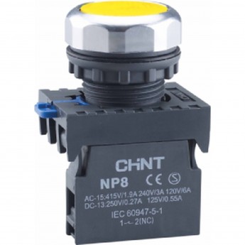 Кнопка управления CHINT NP8-02BND/5 подствет., самовозв., желт., AC110-230В(LED), 2НЗ, IP65 (R)
