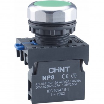 Кнопка управления CHINT NP8-11BND/3 подствет., самовозв., зеленый, AC110-230В(LED), 1НО+1НЗ, IP65 (R)